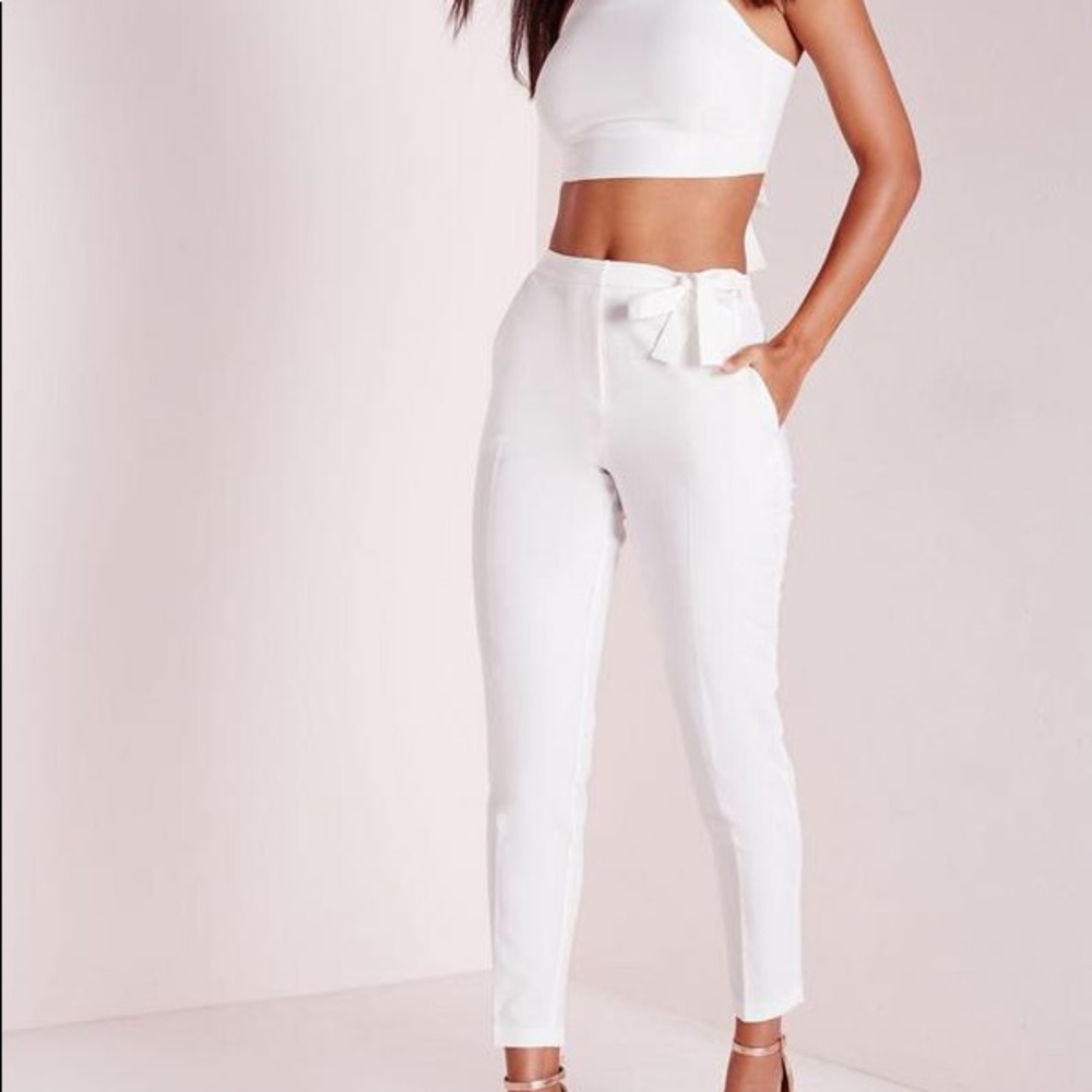 Tie Belt Crepe High Waisted White Trousers